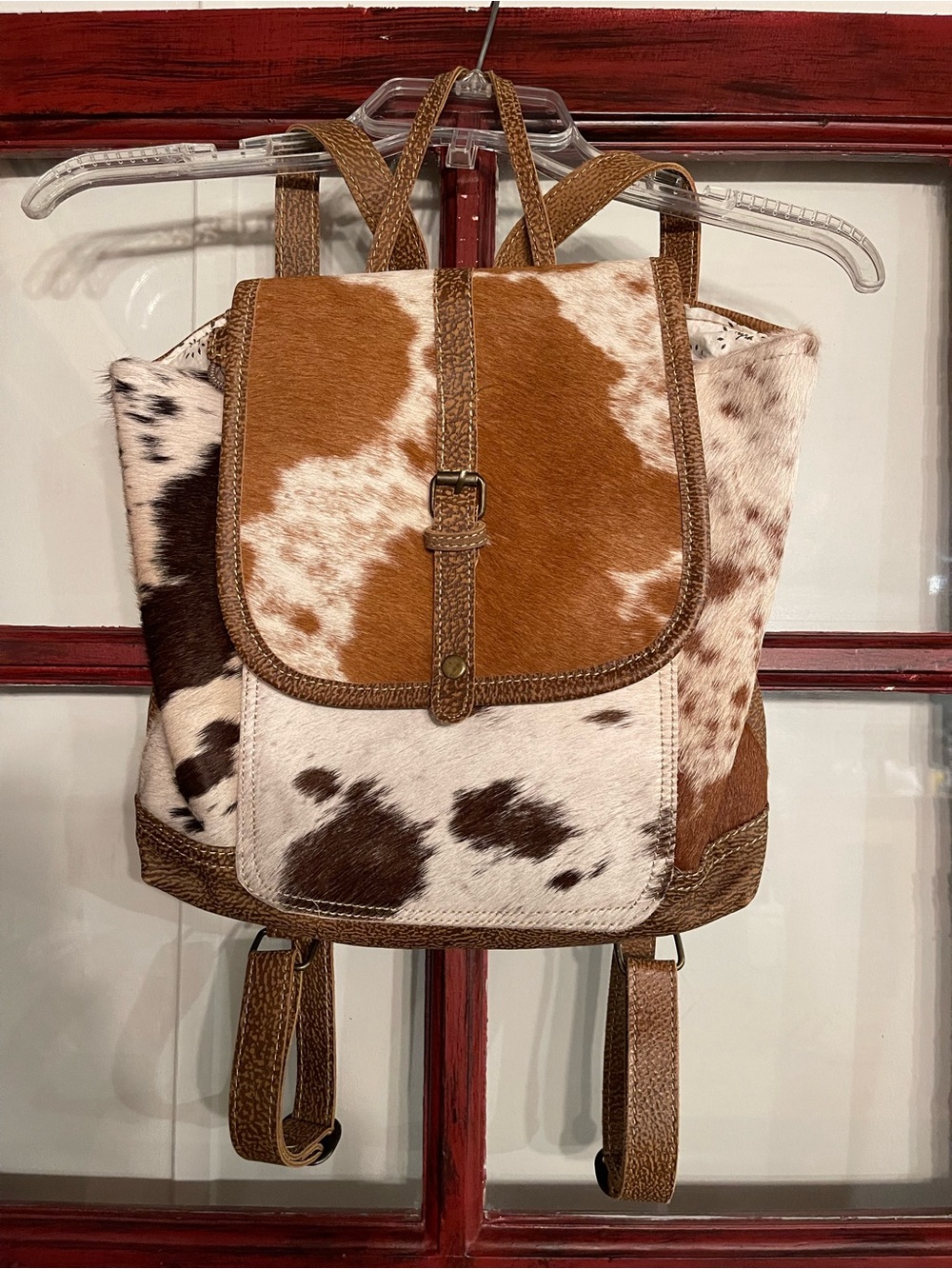Myra Bag Cowhide Patchwork Backpack - Brown & White